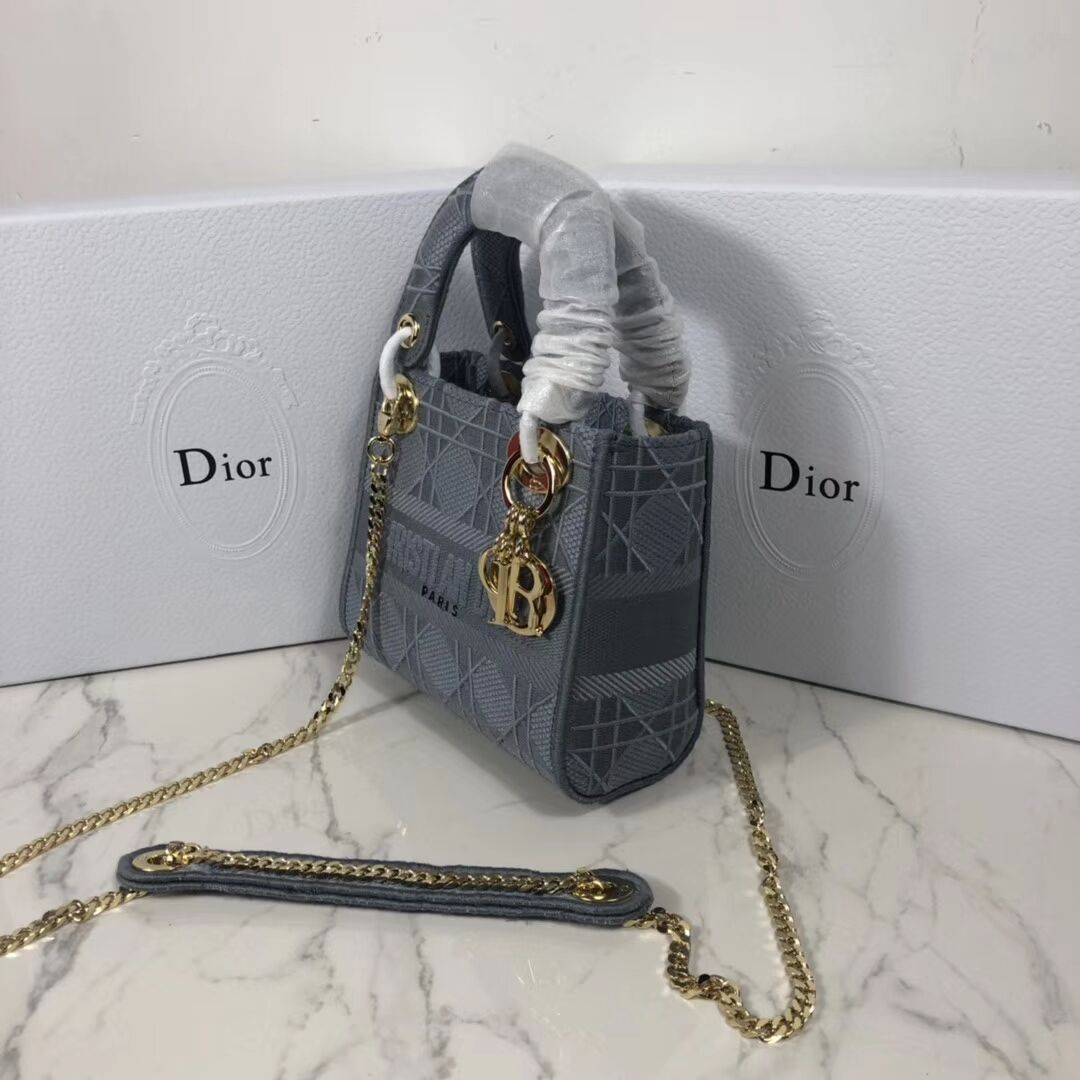 MINI LADY DIOR TOTE BAG IN EMBROIDERED CANVAS C4531 grey blue