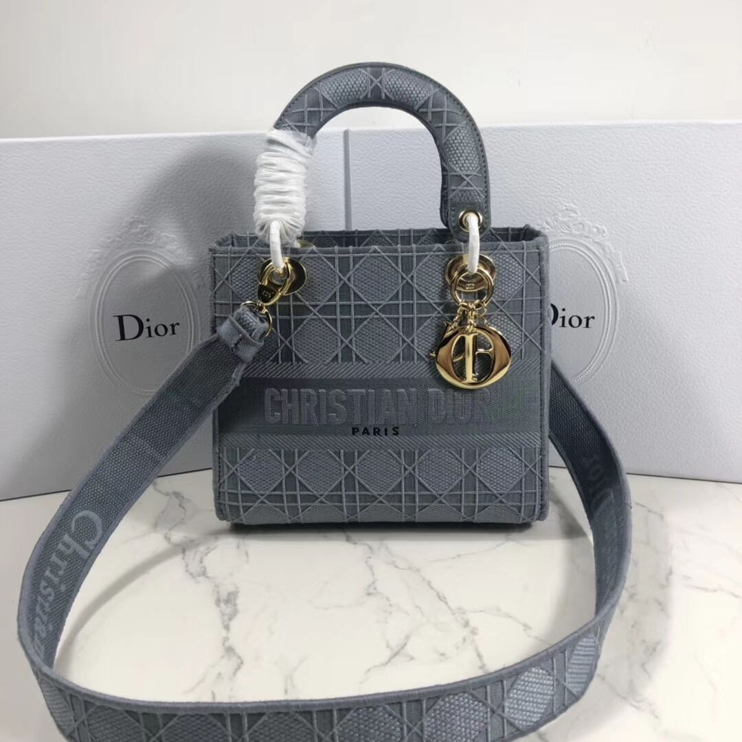 LADY DIOR TOTE BAG IN EMBROIDERED CANVAS C4532 grey blue