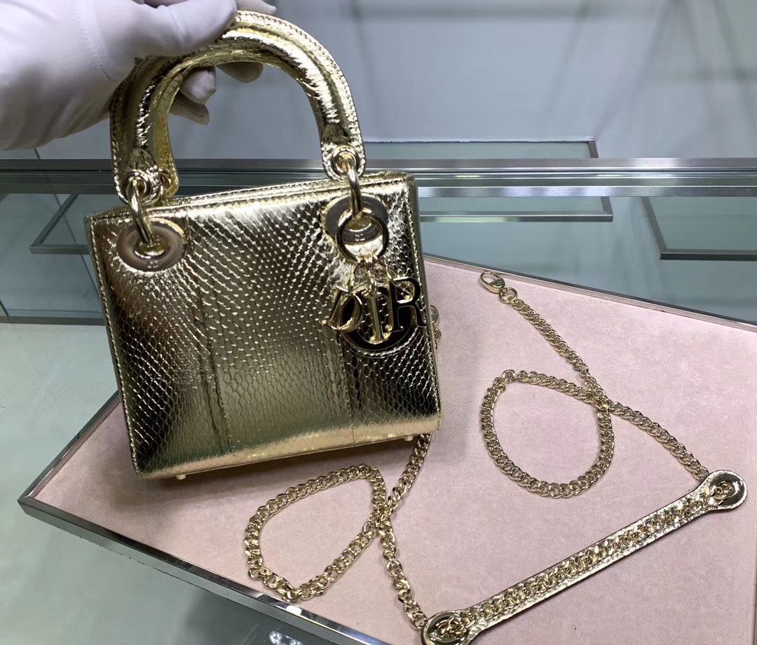 MINI LADY DIOR TOTE BAG ORIGINAL PYTHON LEATHER D2358 Gold