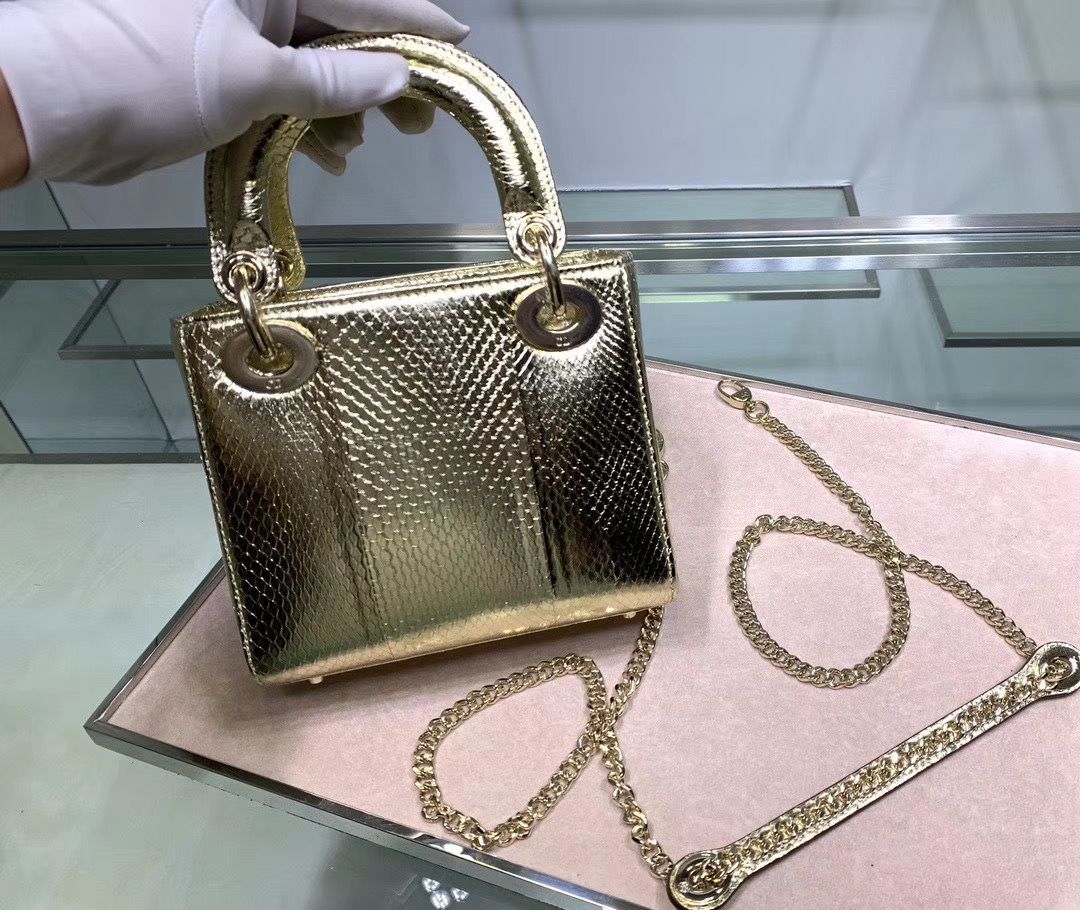 MINI LADY DIOR TOTE BAG ORIGINAL PYTHON LEATHER D2358 Gold