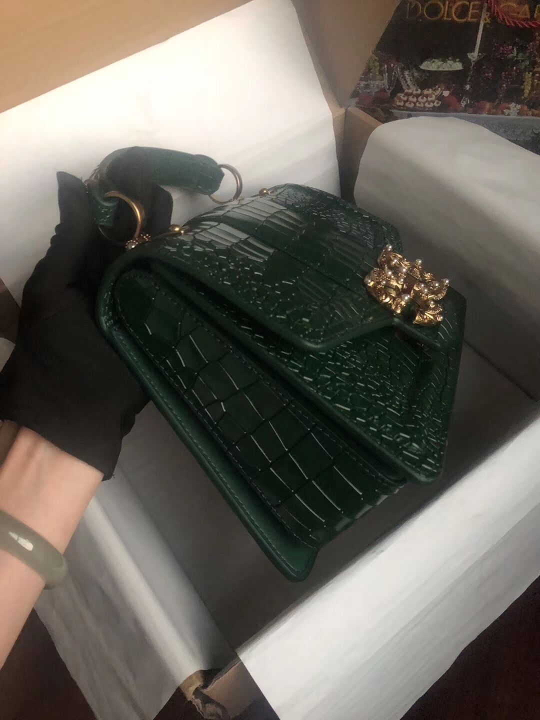 Dolce & Gabbana Origianl Crocodile Leather Bag 4916E Blackish green