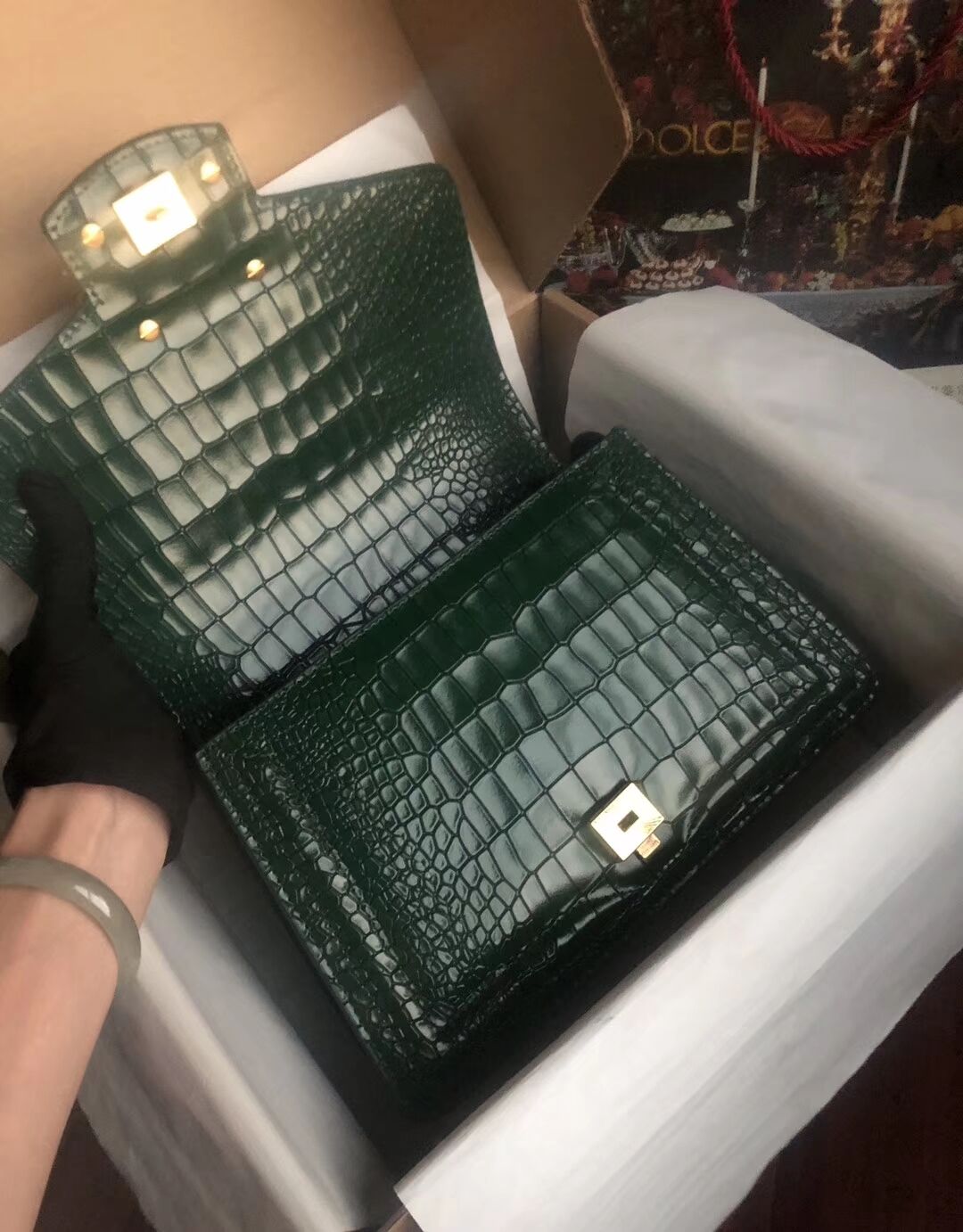Dolce & Gabbana Origianl Crocodile Leather Bag 4916E Blackish green