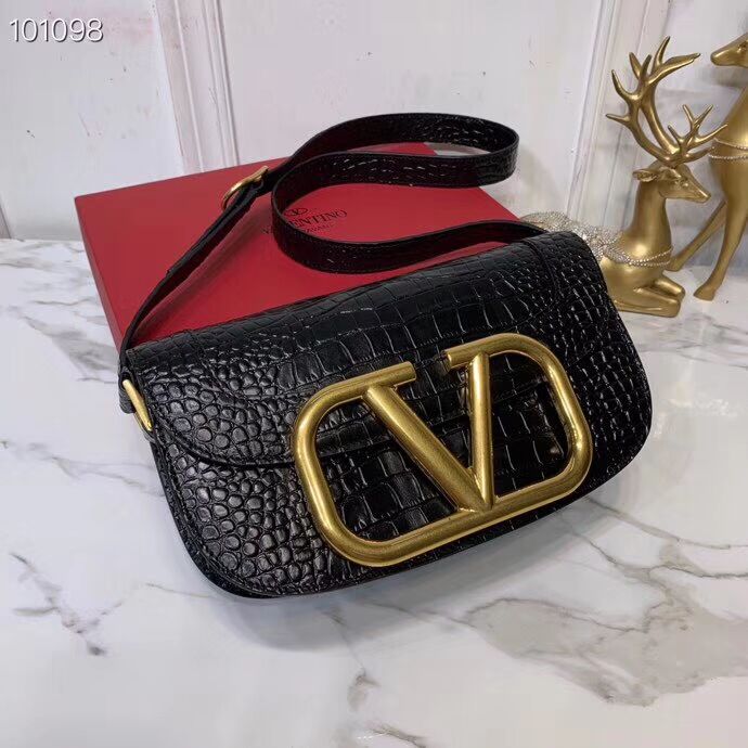 VALENTINO Origianl Crocodile leather shoulder bag V0030 black