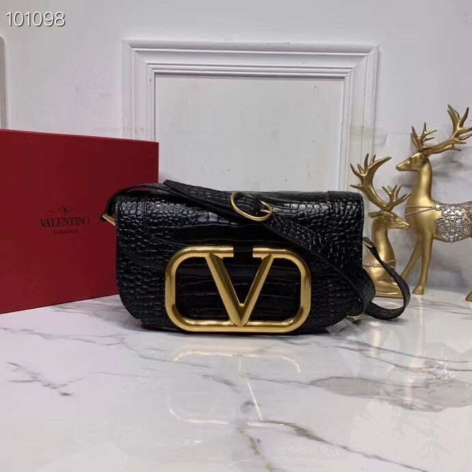 VALENTINO Origianl Crocodile leather shoulder bag V0030 black