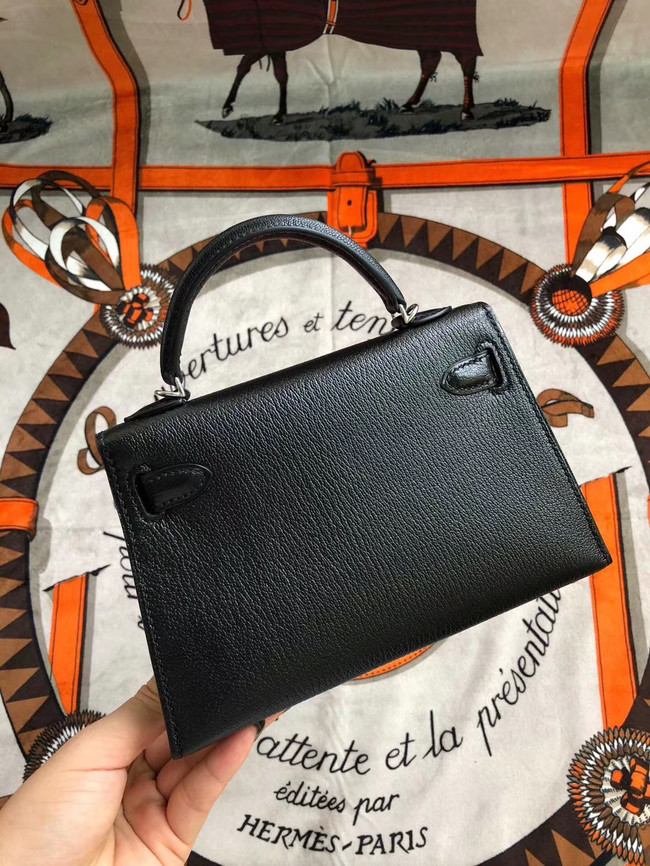 Hermes original mini Kelly chevre mysore K19CM black&silver Metal