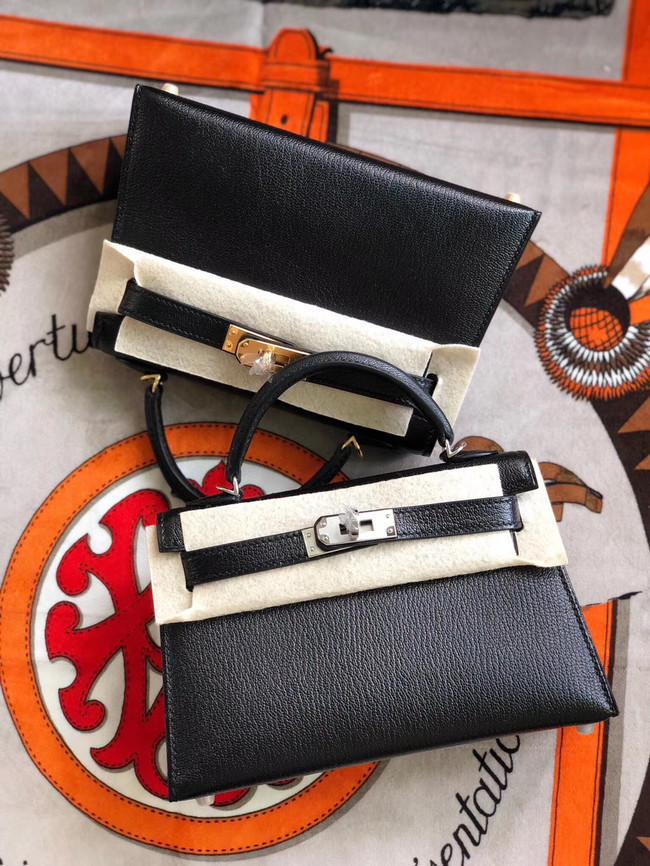 Hermes original mini Kelly chevre mysore K19CM black&silver Metal