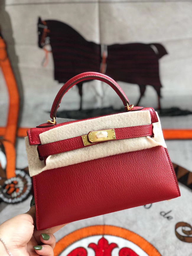 Hermes original mini Kelly chevre mysore K19CM red&Gold Metal