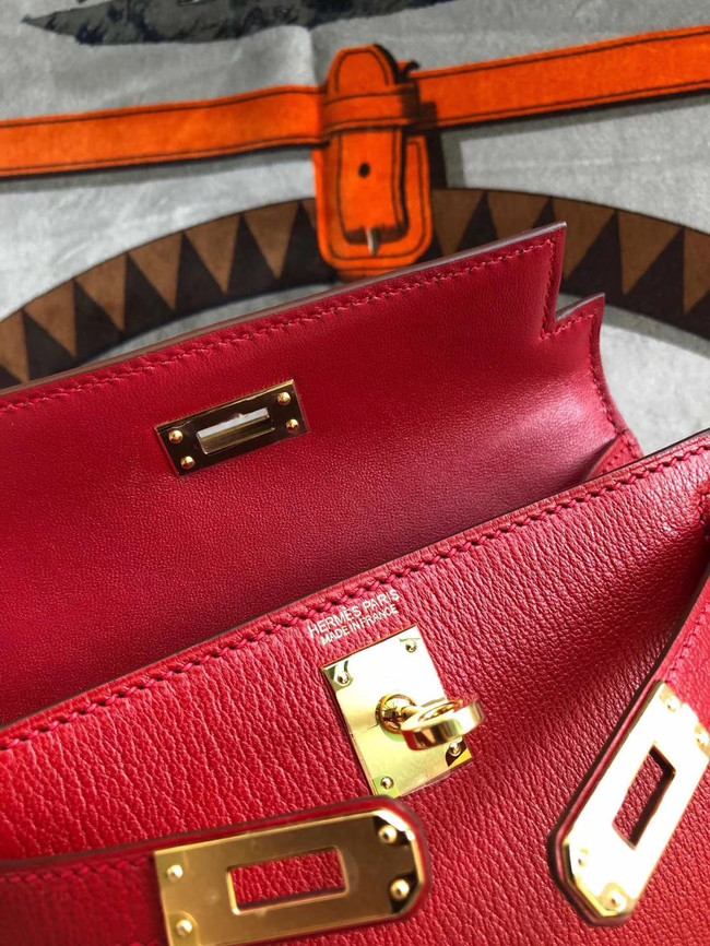 Hermes original mini Kelly chevre mysore K19CM red&Gold Metal