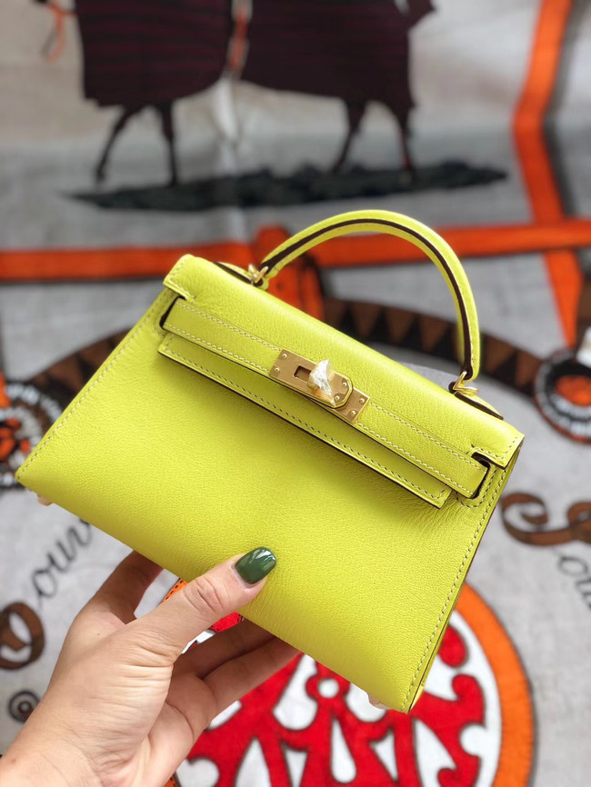 Hermes original mini Kelly chevre mysore K19CM yellow&Gold Metal