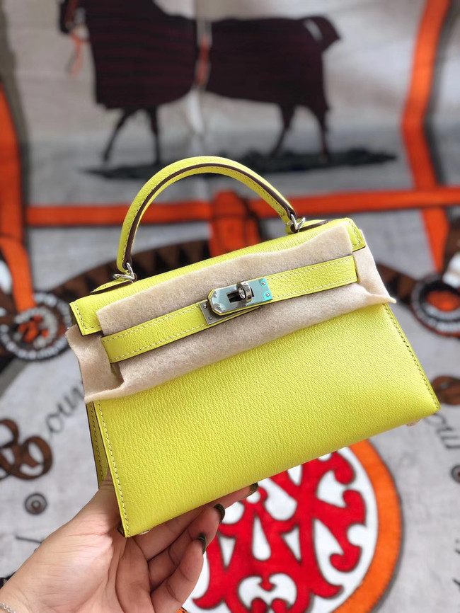 Hermes original mini Kelly chevre mysore K19CM yellow&silver Metal