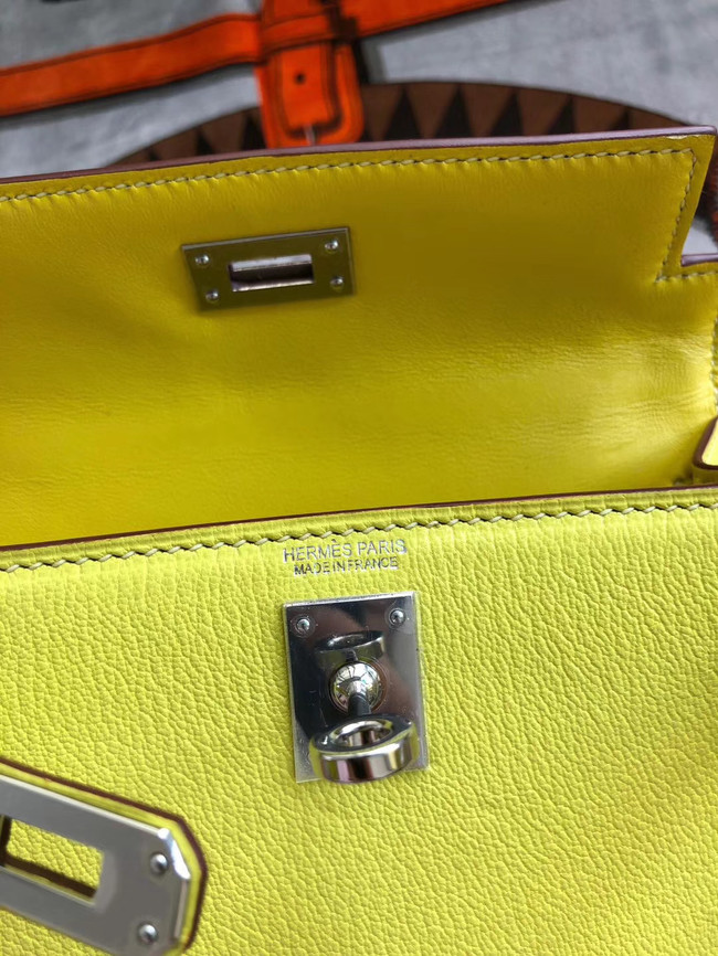 Hermes original mini Kelly chevre mysore K19CM yellow&silver Metal