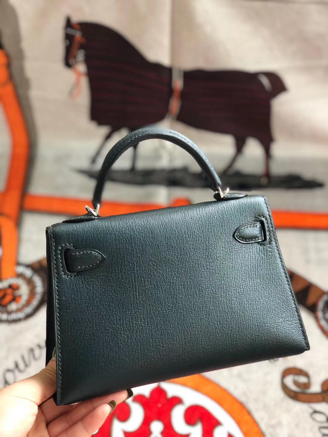 Hermes original mini Kelly chevre mysore K19CM Blackish green&silver Metal