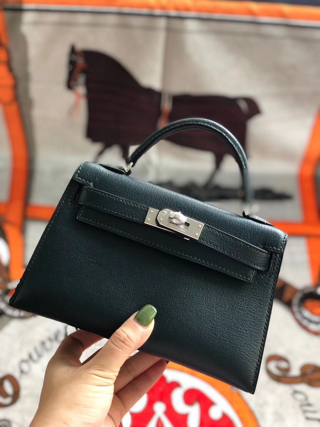 Hermes original mini Kelly chevre mysore K19CM Blackish green&silver Metal