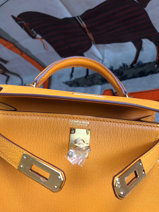 Hermes original mini Kelly chevre mysore K19CM Mango yellow&Gold Metal