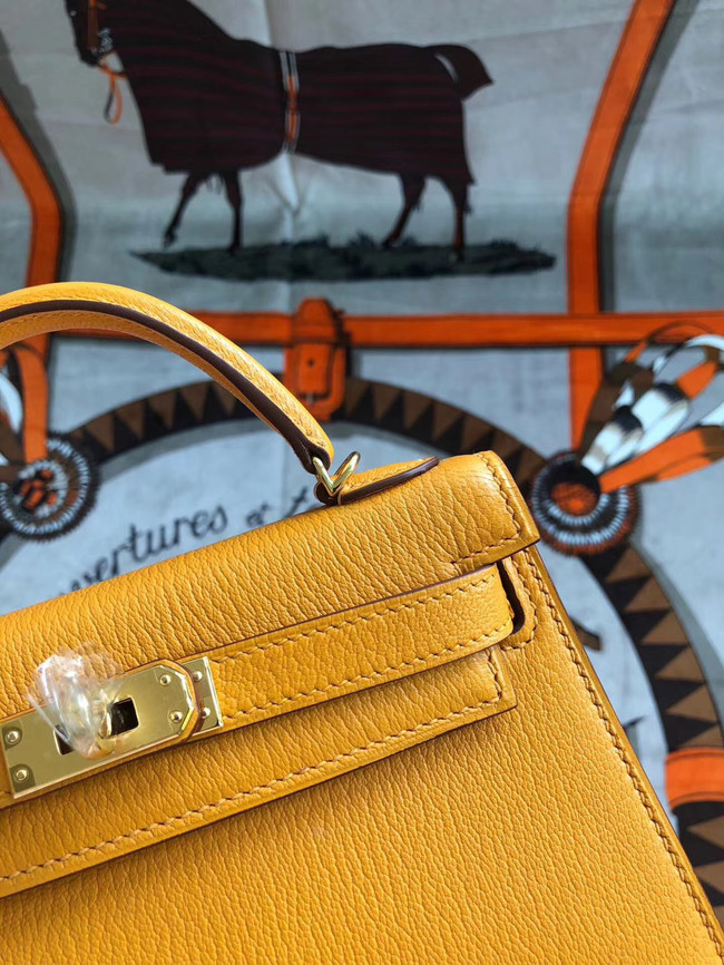 Hermes original mini Kelly chevre mysore K19CM Mango yellow&Gold Metal