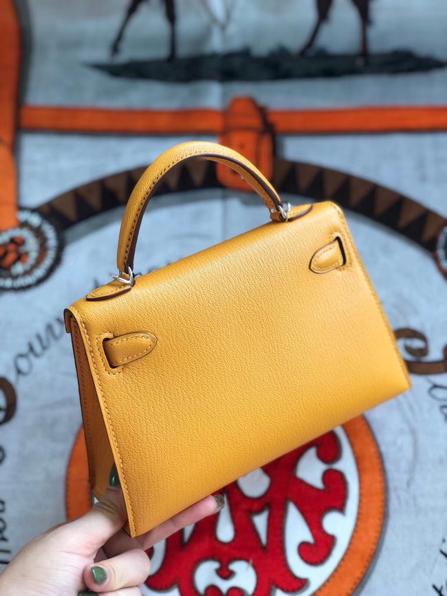 Hermes original mini Kelly chevre mysore K19CM Mango yellow&silver Metal