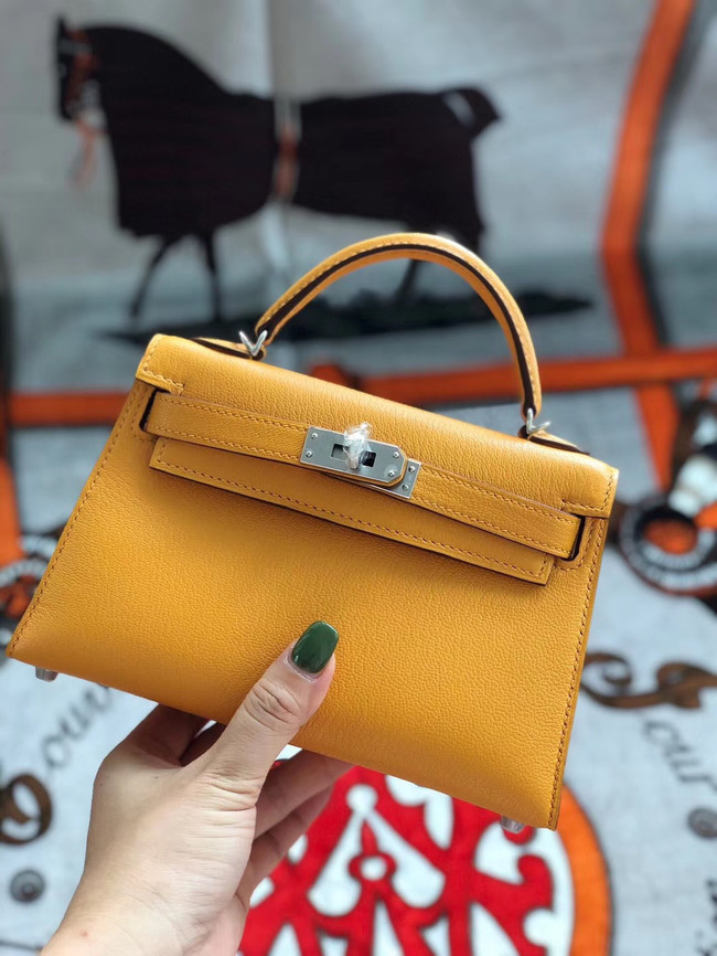 Hermes original mini Kelly chevre mysore K19CM Mango yellow&silver Metal