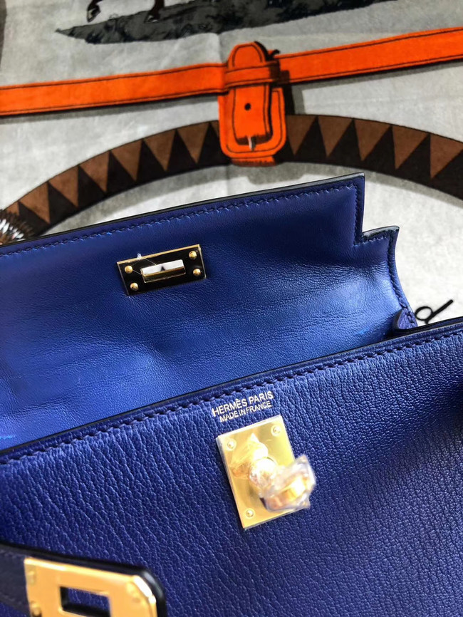 Hermes original mini Kelly chevre mysore K19CM blue&Gold Metal