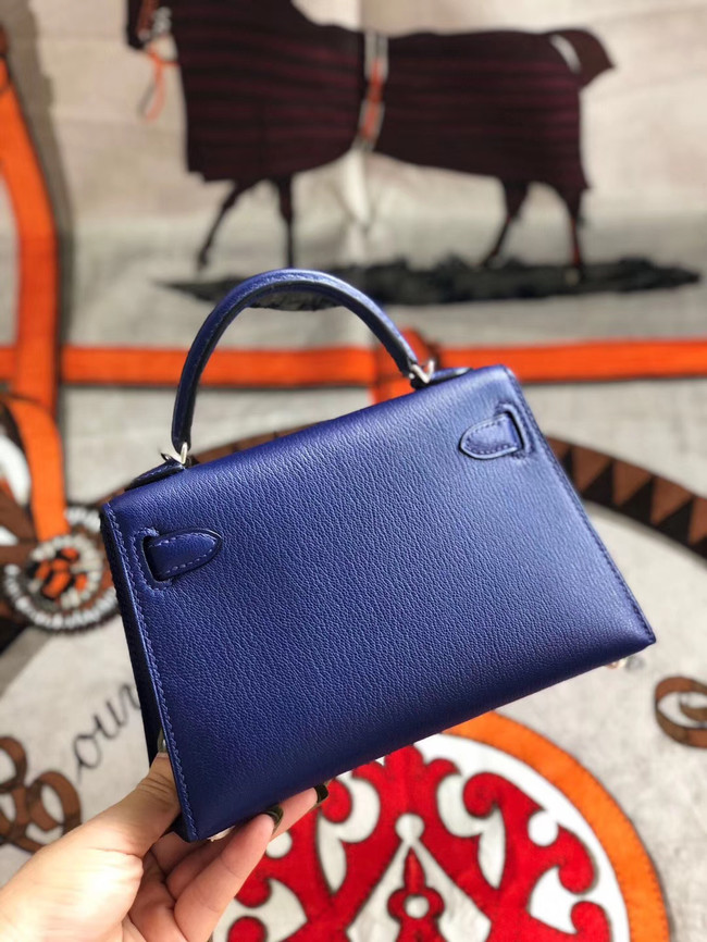 Hermes original mini Kelly chevre mysore K19CM blue&silver Metal