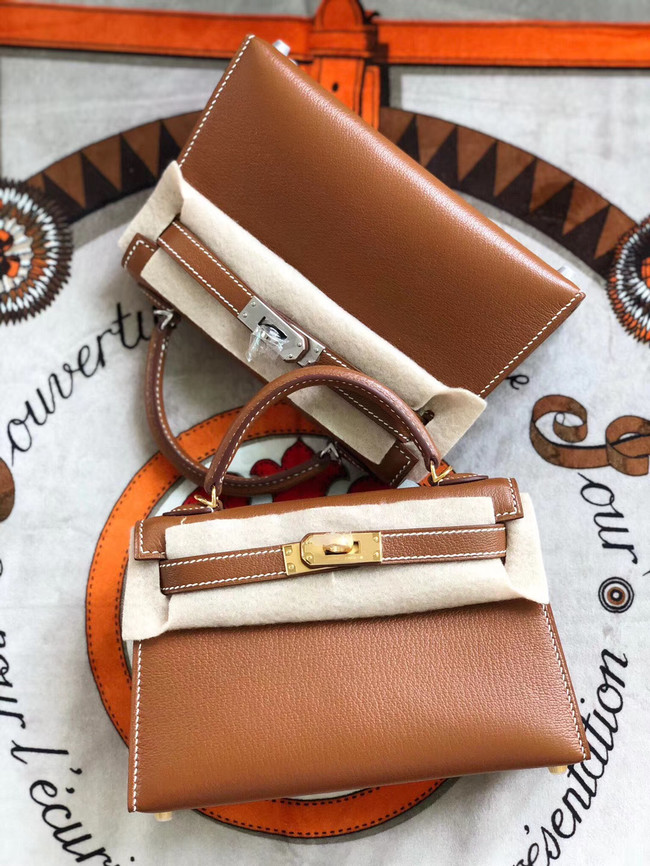 Hermes original mini Kelly chevre mysore K19CM brown&silver Metal