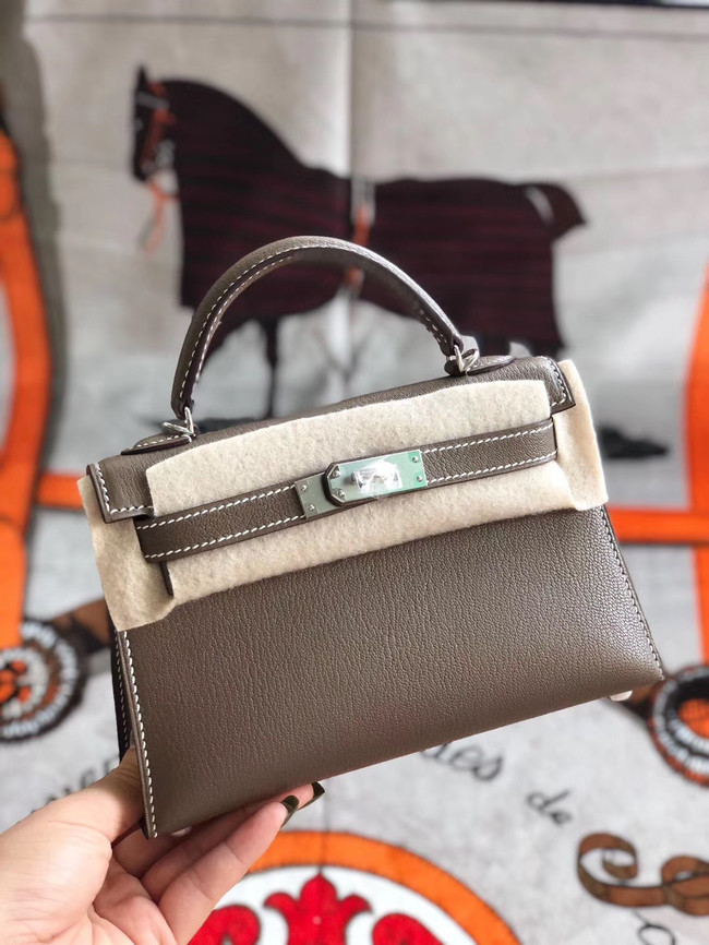 Hermes original mini Kelly chevre mysore K19CM grey&silver Metal