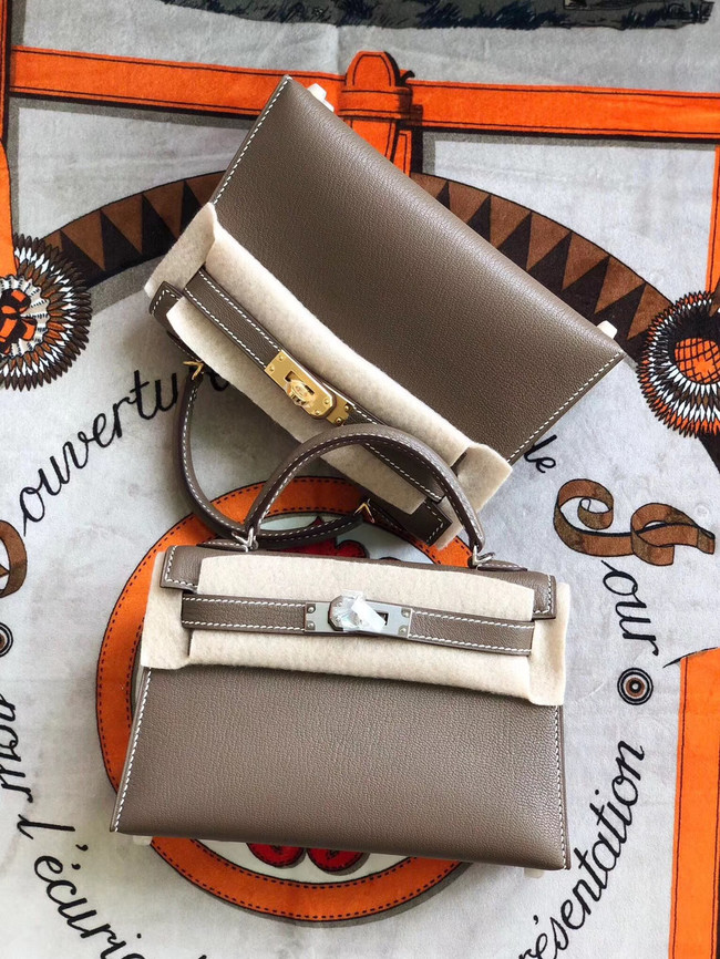 Hermes original mini Kelly chevre mysore K19CM grey&silver Metal