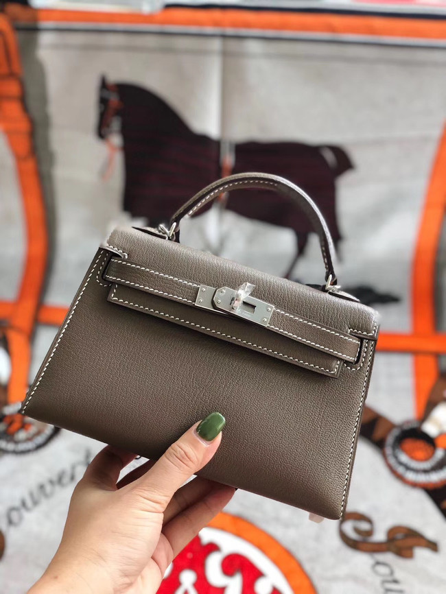 Hermes original mini Kelly chevre mysore K19CM grey&silver Metal