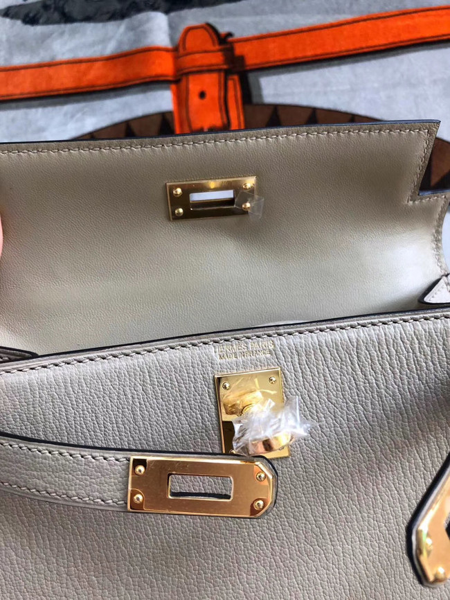 Hermes original mini Kelly chevre mysore K19CM light grey&Gold Metal