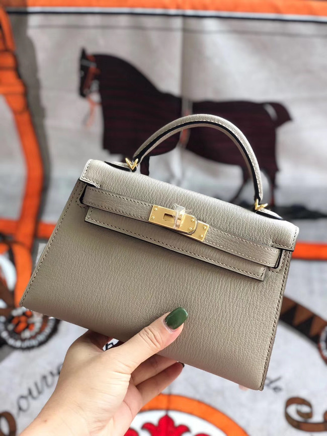 Hermes original mini Kelly chevre mysore K19CM light grey&Gold Metal