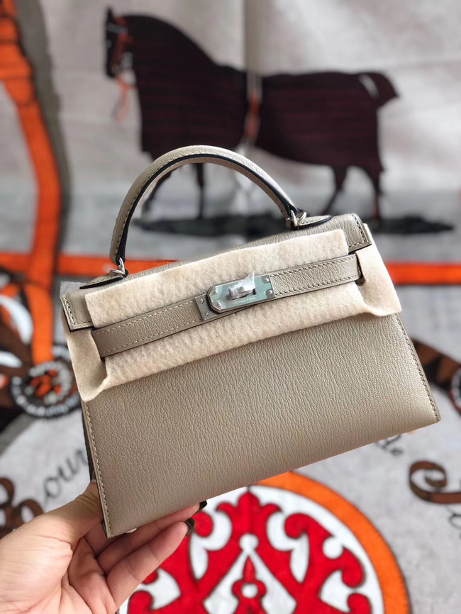 Hermes original mini Kelly chevre mysore K19CM light grey&silver Metal