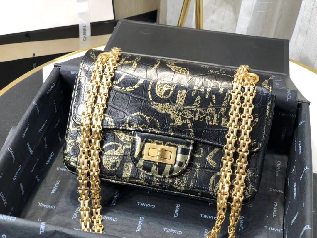 Chanel Flap Shoulder Bag Original Crocodile Leather Black&Gold A1112 Gold