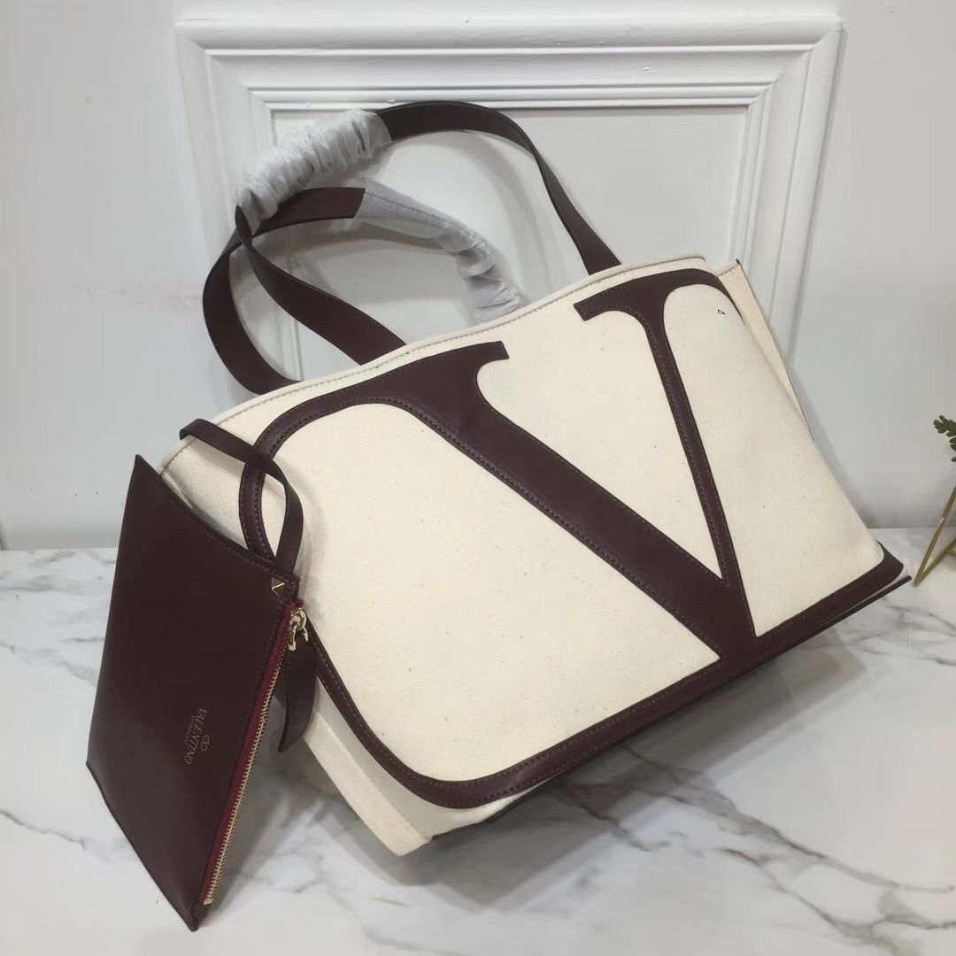 VALENTINO Canvas Shopping Bag V0065 White&Brown