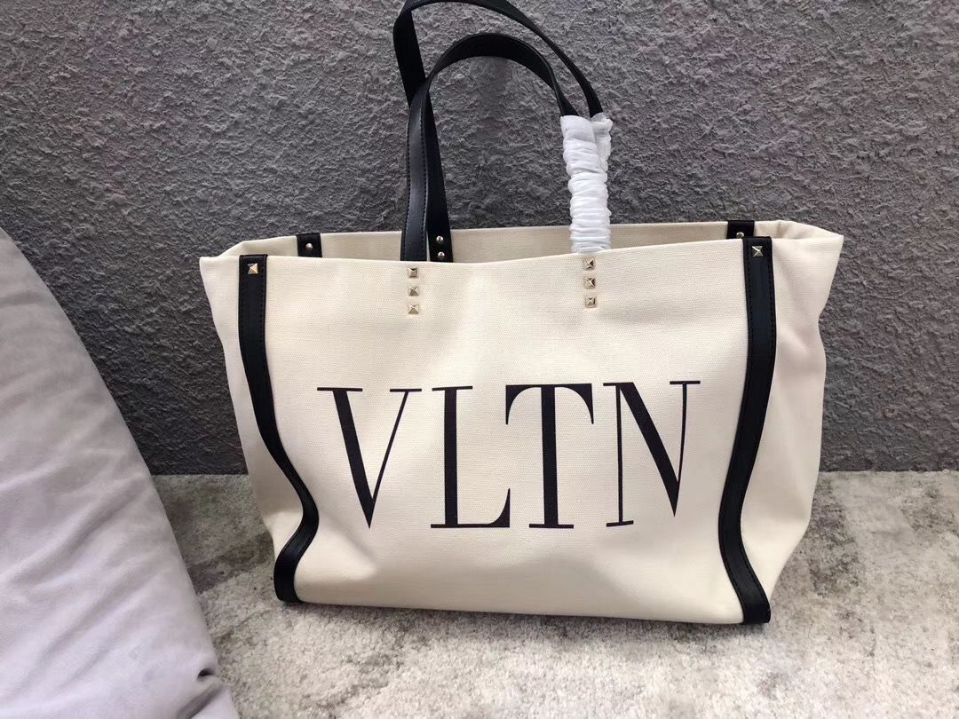 VALENTINO Rockstud Canvas Shopping Bag V0978 Wihte&Black