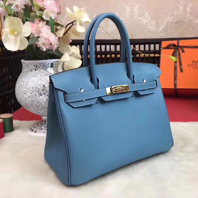 Hermes original Epsom Leather HB35O sky blue&gold Metal