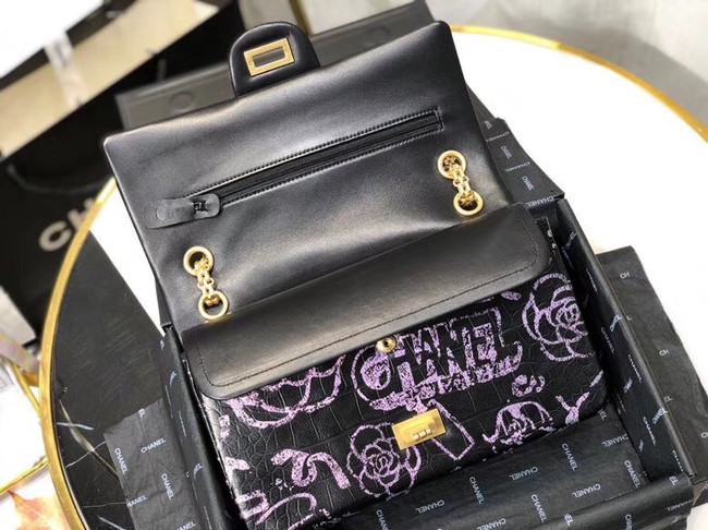 Chanel Flap Shoulder Bag Original Crocodile Leather Black&purple A1112