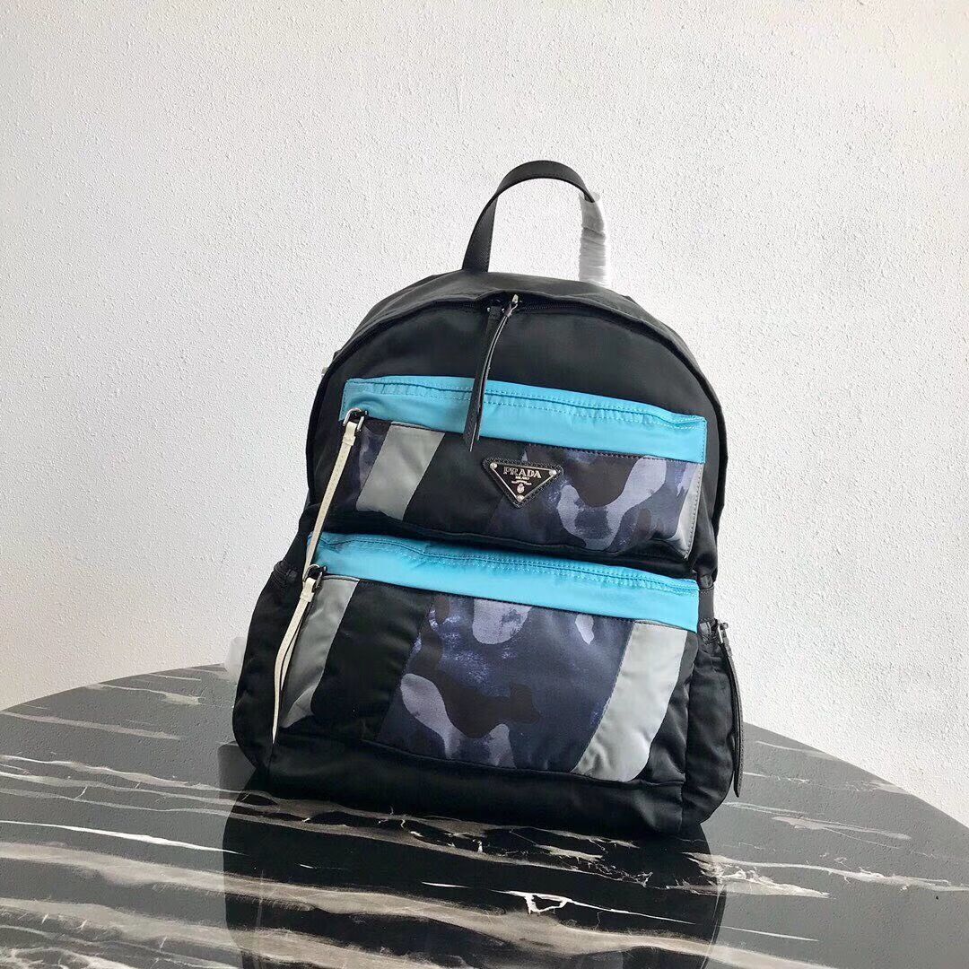 Prada Printed technical fabric backpack 2VZ025 black&blue