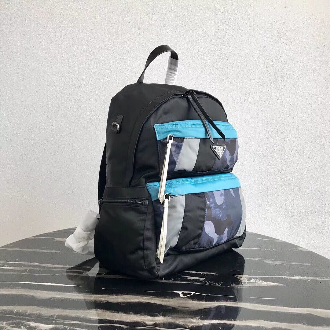Prada Printed technical fabric backpack 2VZ025 black&blue