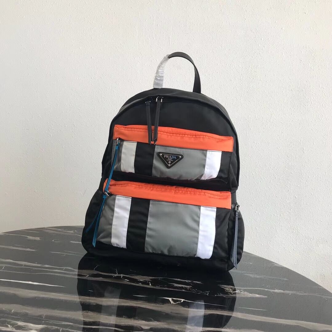 Prada Printed technical fabric backpack 2VZ025 black&orange