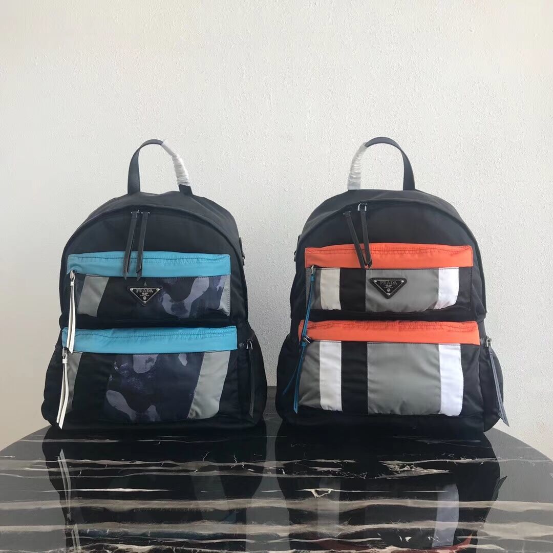 Prada Printed technical fabric backpack 2VZ025 black&orange