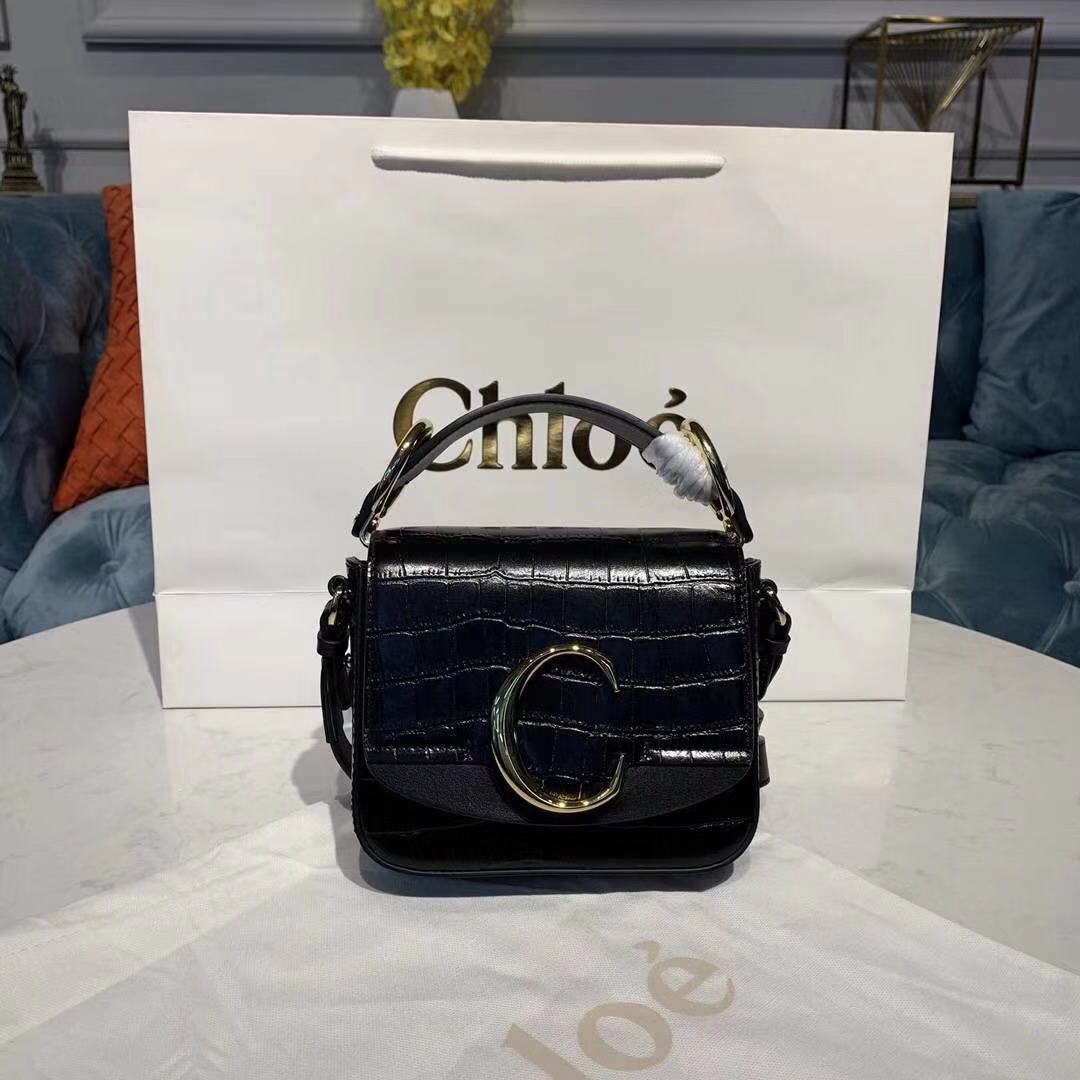 Chloe Original Crocodile skin Leather Top Handle Small Bag 3S030 Black