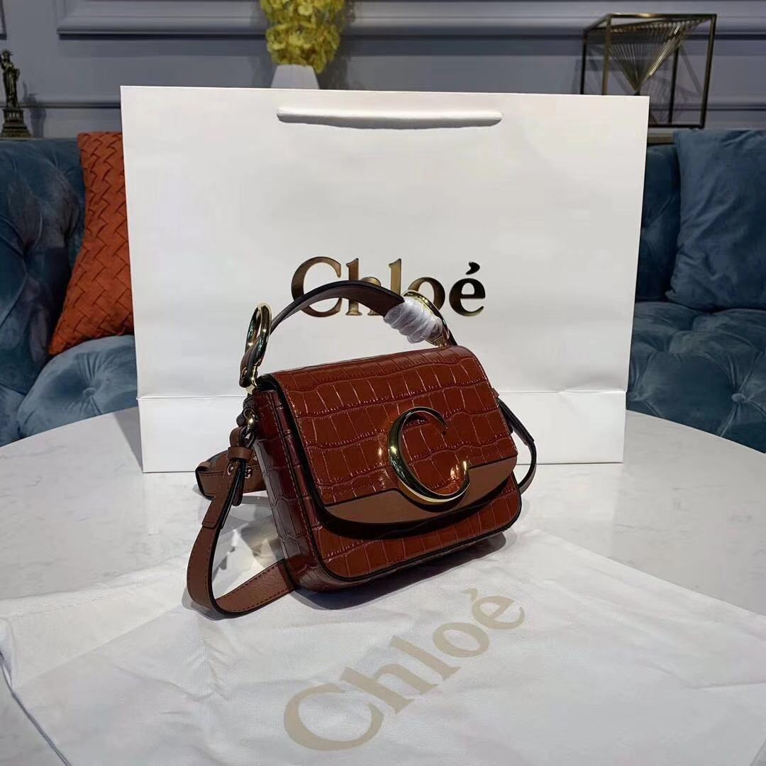 Chloe Original Crocodile skin Leather Top Handle Small Bag 3S030 brown