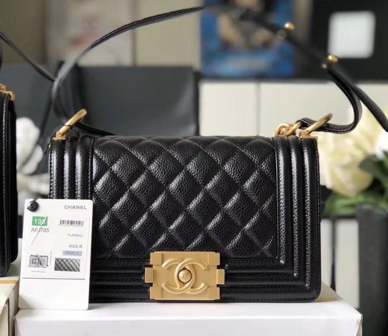 Chanel Le Boy Flap Shoulder Bag Original Cavier Leather A67085 Black Gold Buckle