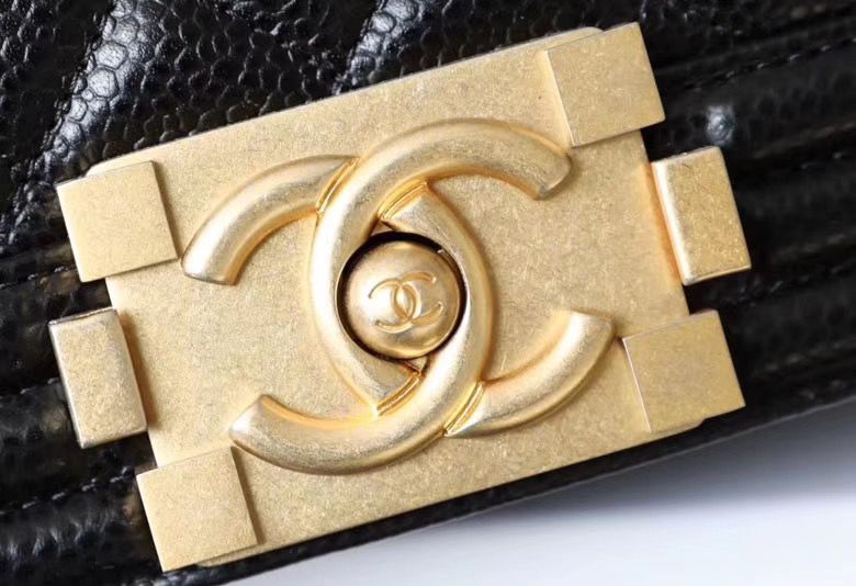 Chanel Le Boy Flap Shoulder Bag Original Cavier Leather A67085 Black Gold Buckle