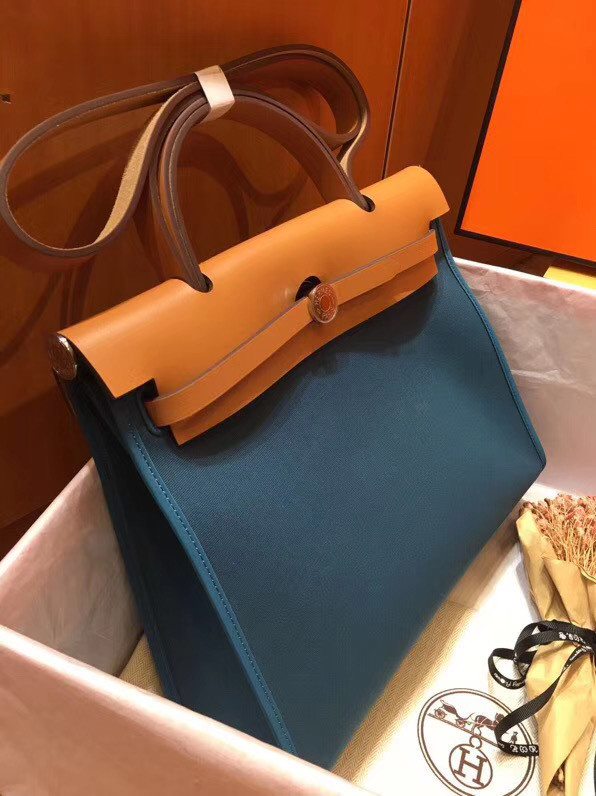 Hermes Herbag 31CM Original Canvas Leather & Calfskin 45987 Blue&Apricot