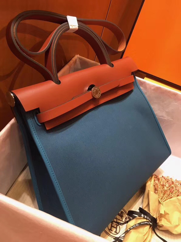 Hermes Herbag 31CM Original Canvas Leather & Calfskin 45987 Blue&Brown