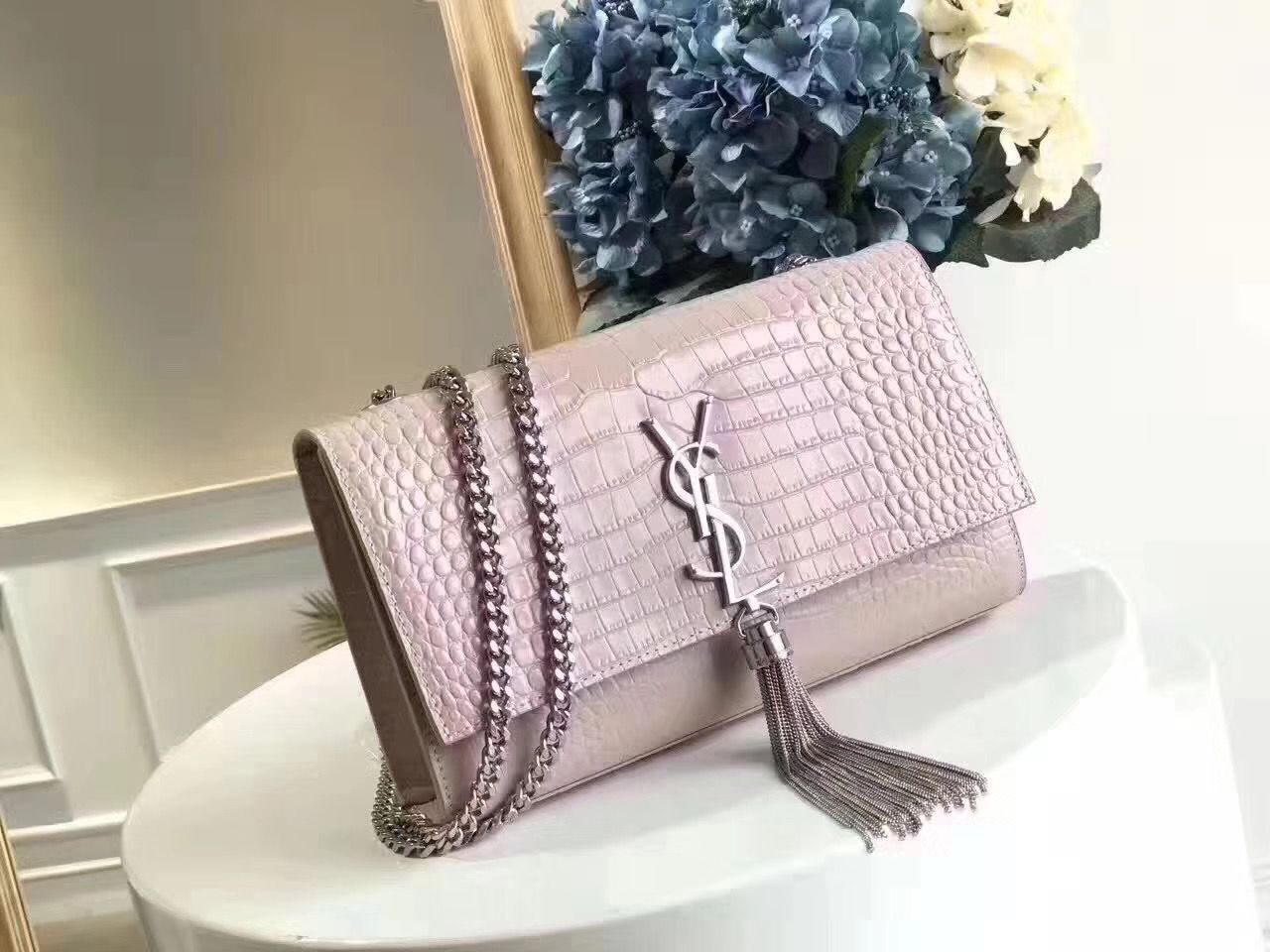 Yves Saint Laurent Crocodile Original Leather Shoulder Bag 1456 Pink&Silver