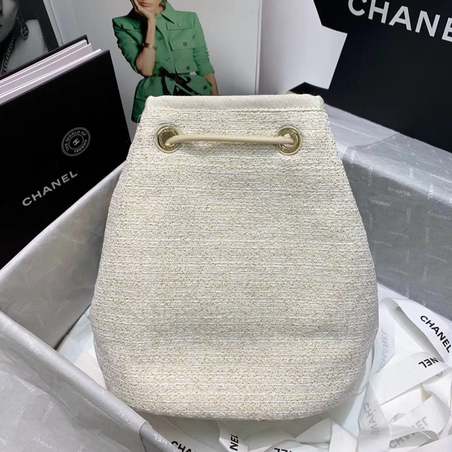 CHANEL Tweed Calfskin drawstring bag & Gold-Tone Metal 60588 white