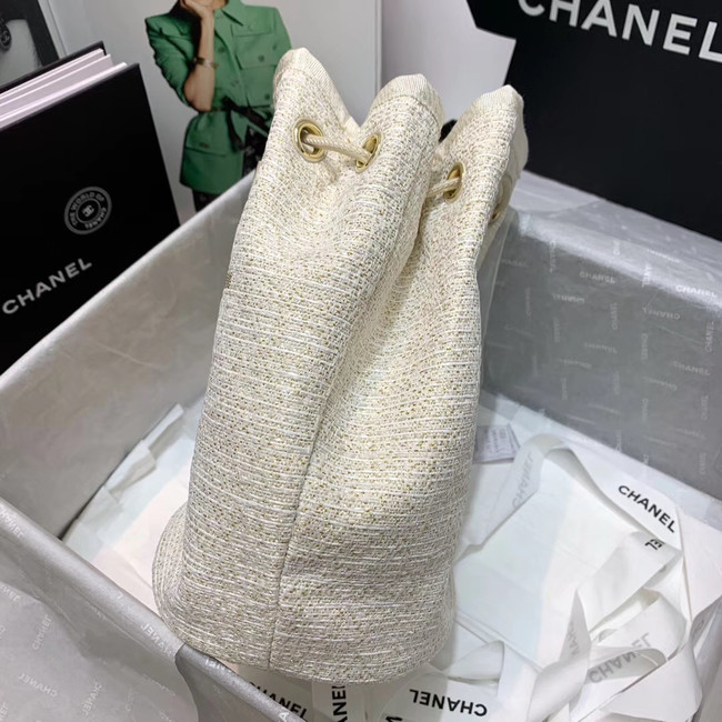 CHANEL Tweed Calfskin drawstring bag & Gold-Tone Metal 60588 white