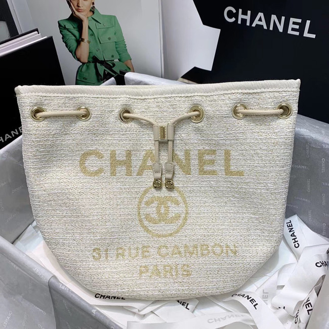 CHANEL Tweed Calfskin drawstring bag & Gold-Tone Metal 60588 white