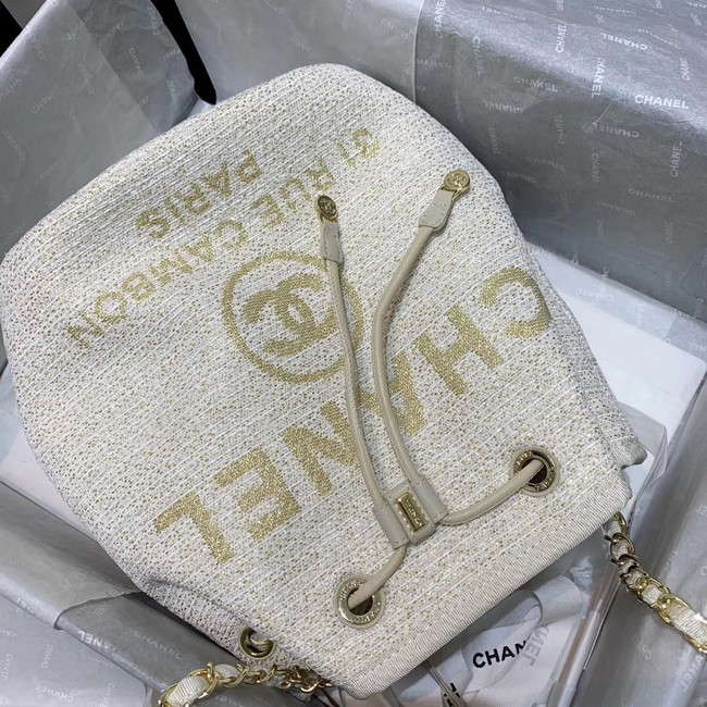 CHANEL Tweed Calfskin drawstring bag & Gold-Tone Metal 60588 white